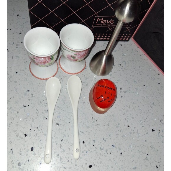 Mevis Line Boiled Eggs Cups Set Cups Timer Spoons Egg Topper Cracker - Picture 8 of 10